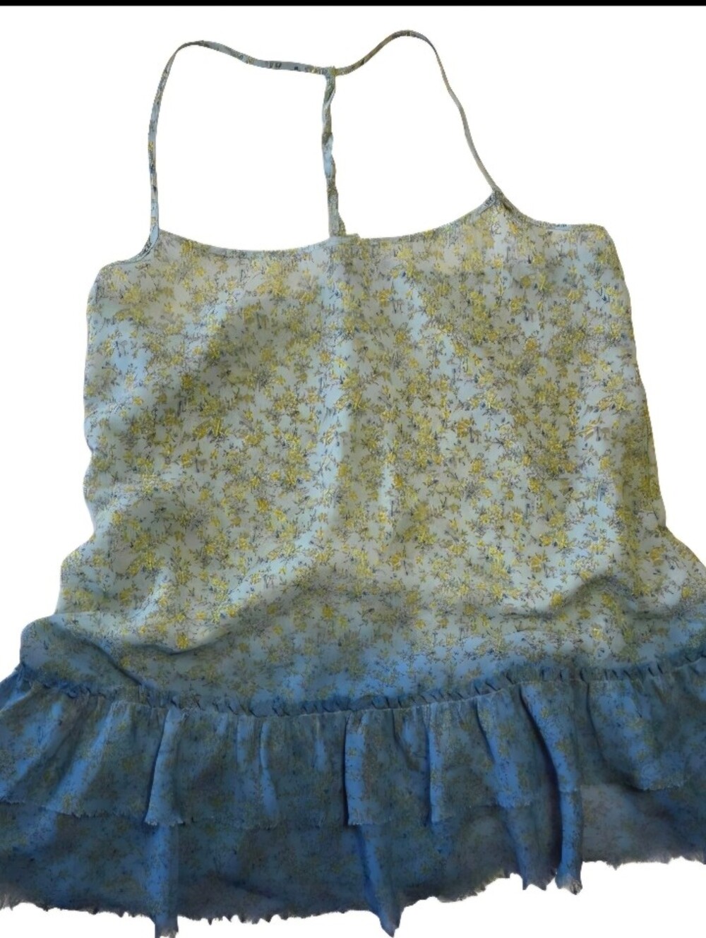 Feminine halter blouse. Ombre blues with delicate floral print. Dainty Large.